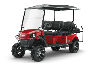 EZGO Express L6 Flame Red Golf Cart with Premium Seats Accessory