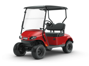 EZGO Valor Flame Red personal golf cart with comfortable golf cart windshield accessory