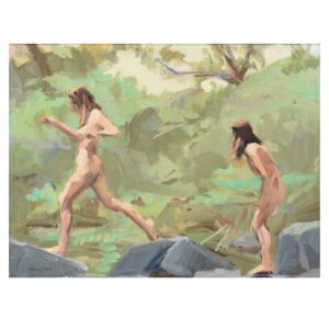Oil on Canvas of Female Nudes Jumping Rocks