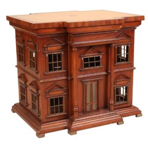 Georgian Style Architectural Leather-Inset Brass-Mounted Mahogany House Form Low Table