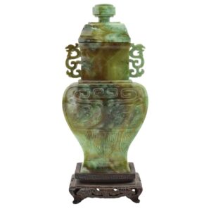 Asian Jade Covered Urn On Hardwood Stand