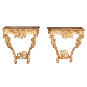 Two Nearly Identical Louis XV Marble Top Giltwood Console Tables