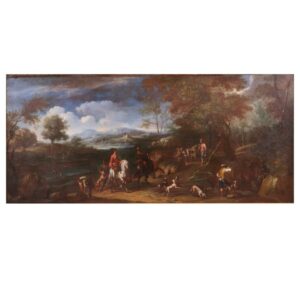 Hunting Party in Landscape, Oil on Canvas Mounted on Board